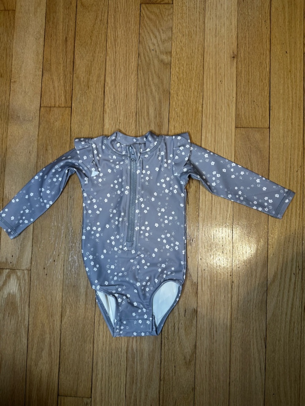 Quincy Mae Baby Long-Sleeve One-Piece Swimsuit in Heather Gray with Floral Print